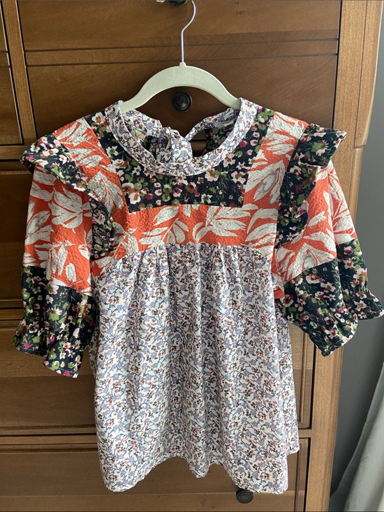 THML Tops - THML Mixed Floral Patchwork Top in Coral, Navy, Cream, Green